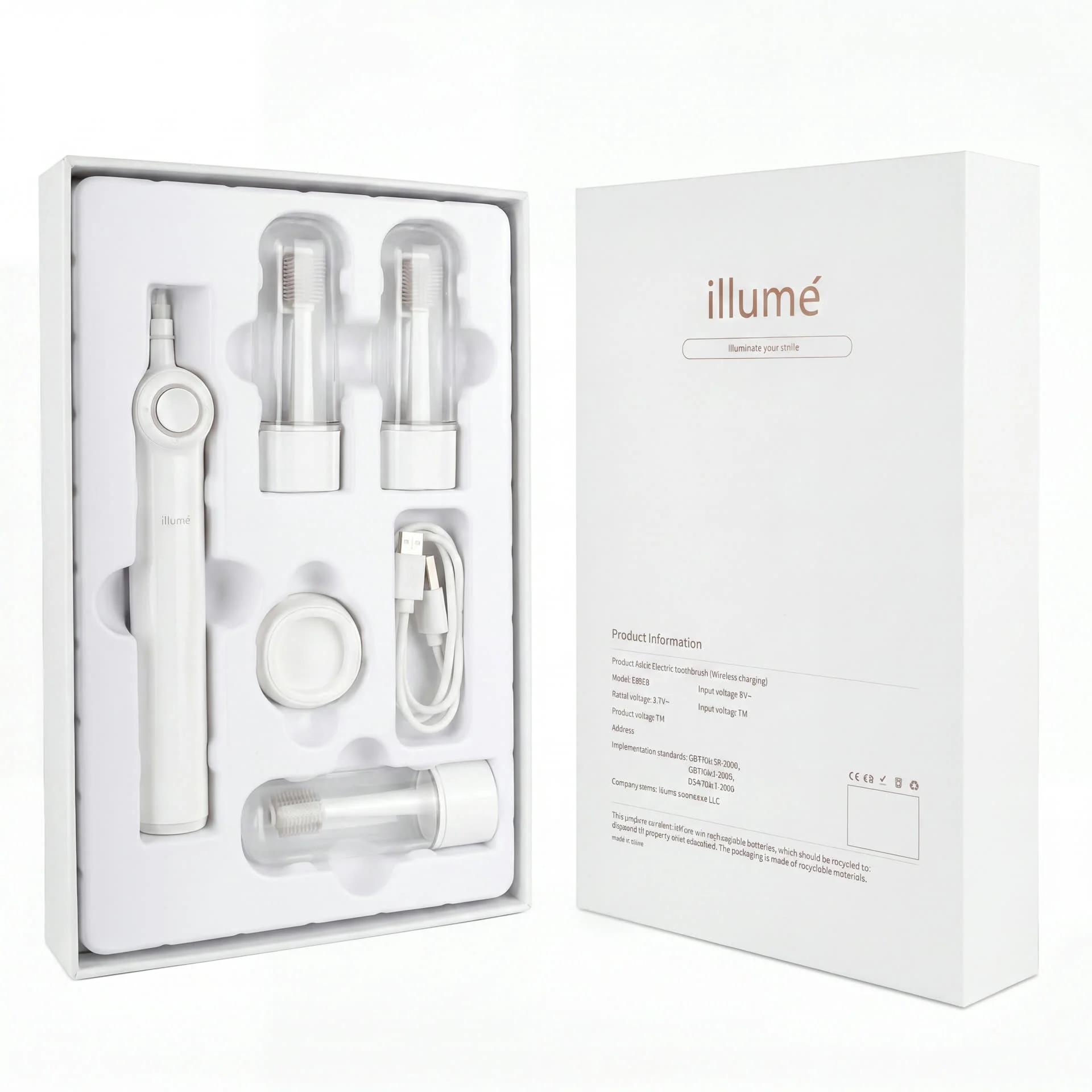 Smile Shine kit open in its box with brush heads, dock and cable